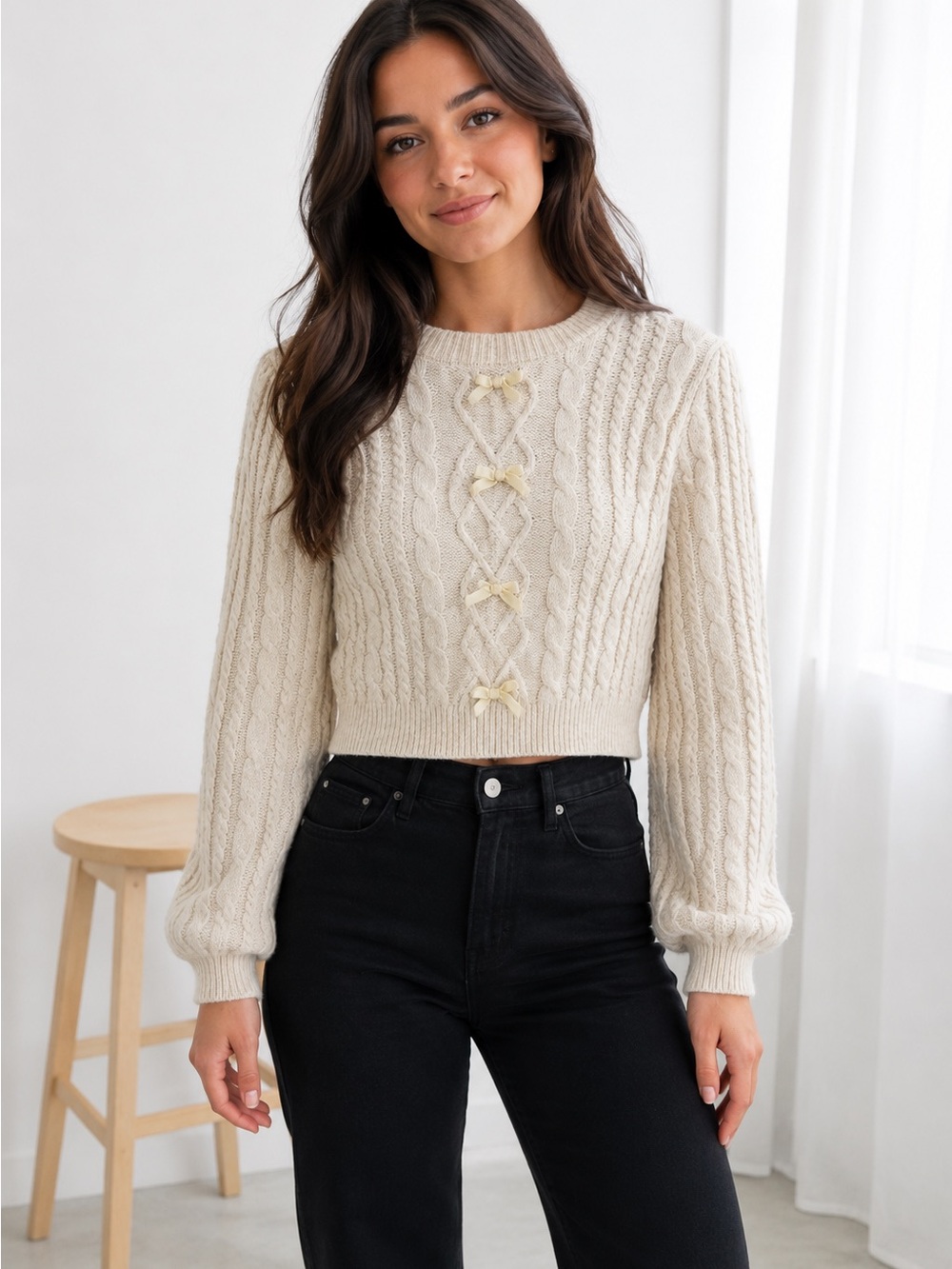 Altar’d State Oatmeal Cable Knit Bow Sweater XXS